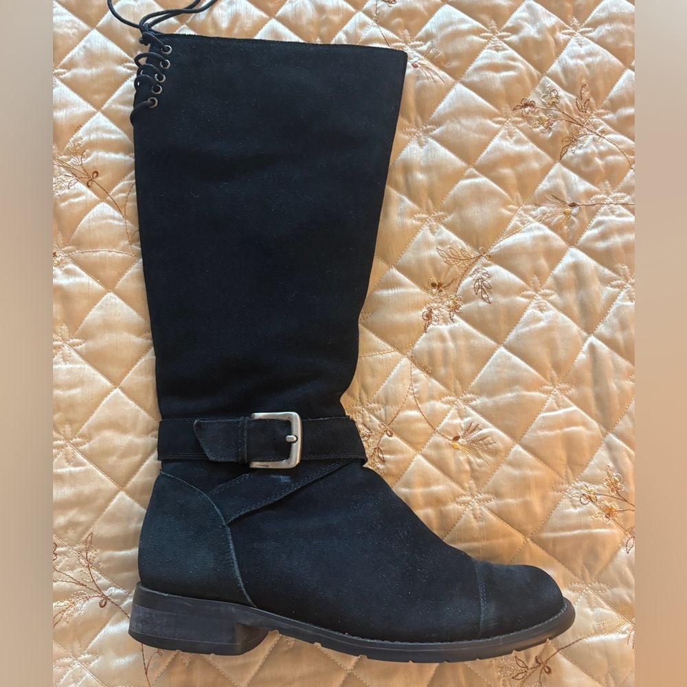 Chic Black Italian Suede Knee High Women's Boots Sheep Fur Lined FullZip Sz 39EU